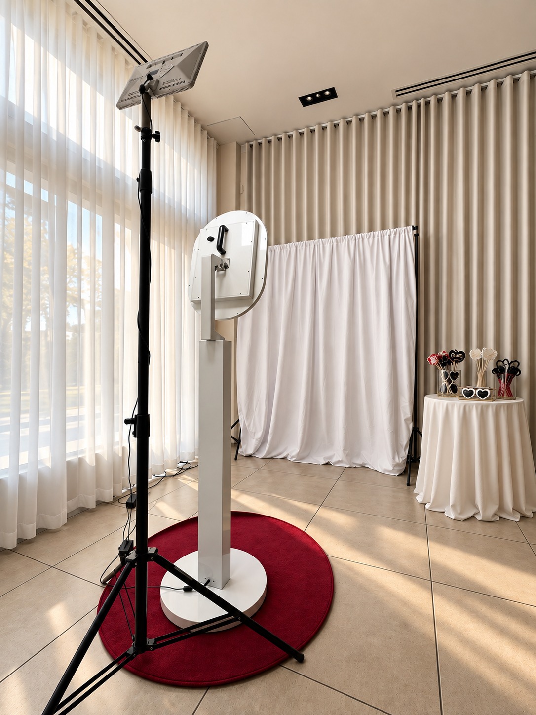 White photobooth with lighting, white backdrop and a prop table