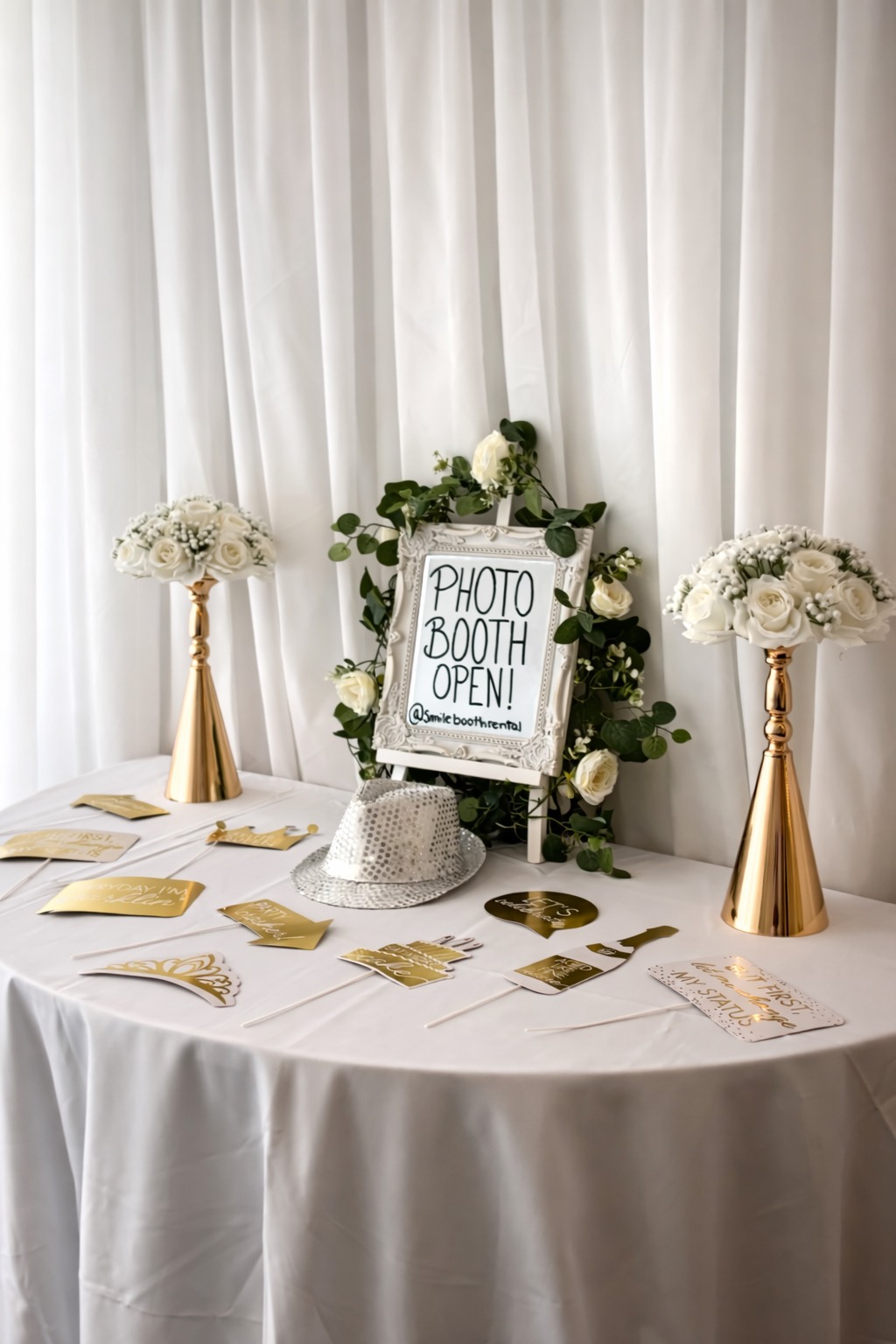 Photobooth prop table with flowers and gold accessories
